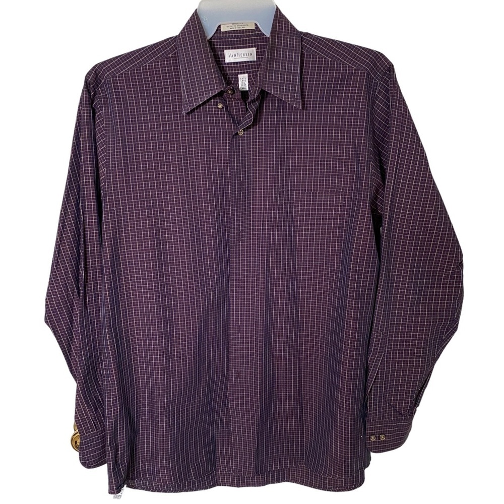 Van Heusen men's Large deep purple plaid long sleeve collared button down shirt